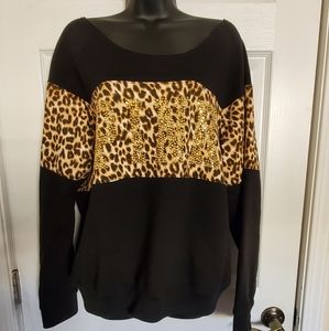 VS PINK RHINESTONE LEOPARD OFF THE SHOULDER CREWNECK